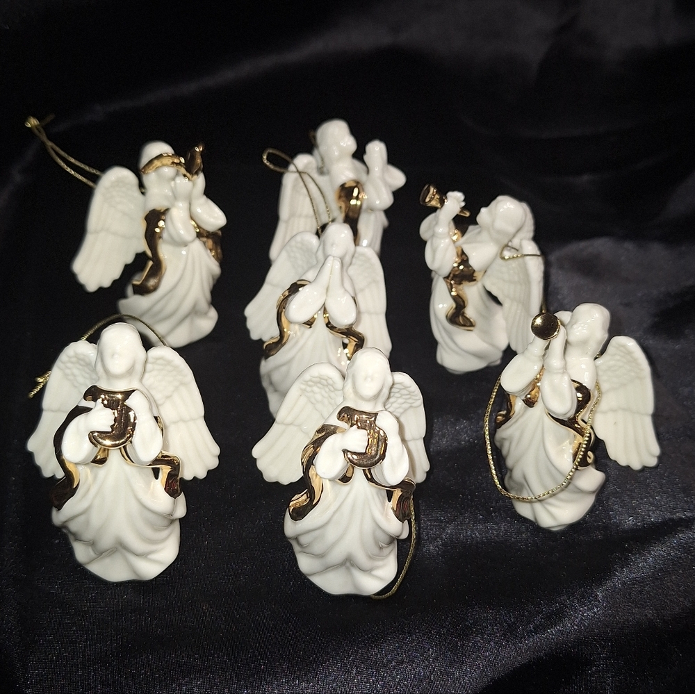 Vintage Dillard's Trimmings~Angel Ornaments~Porcelain~Ivory & Gold Trim~Set of 7